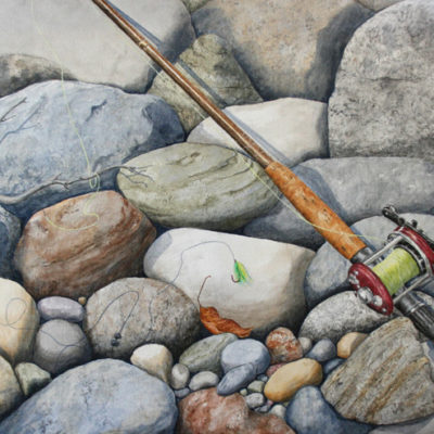 Painting of a fishing rod laying on river rocks