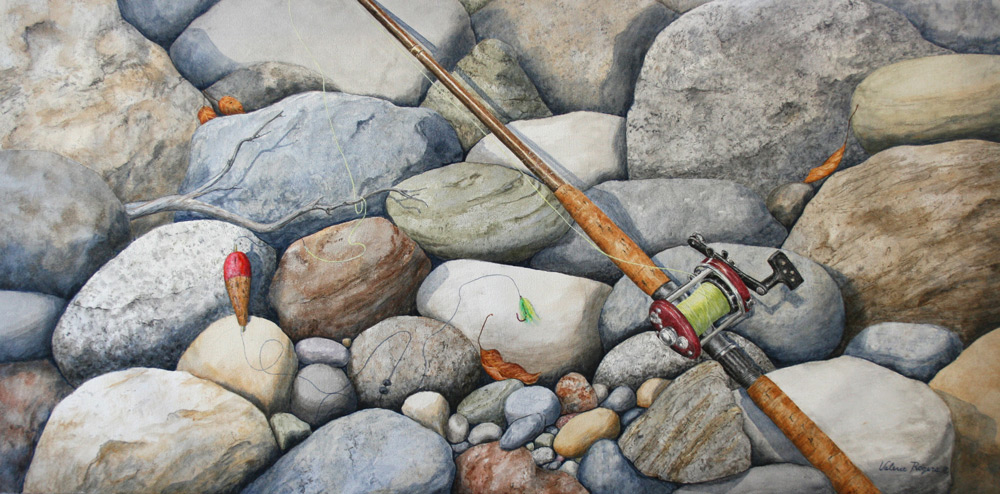Painting of a fishing rod laying on river rocks