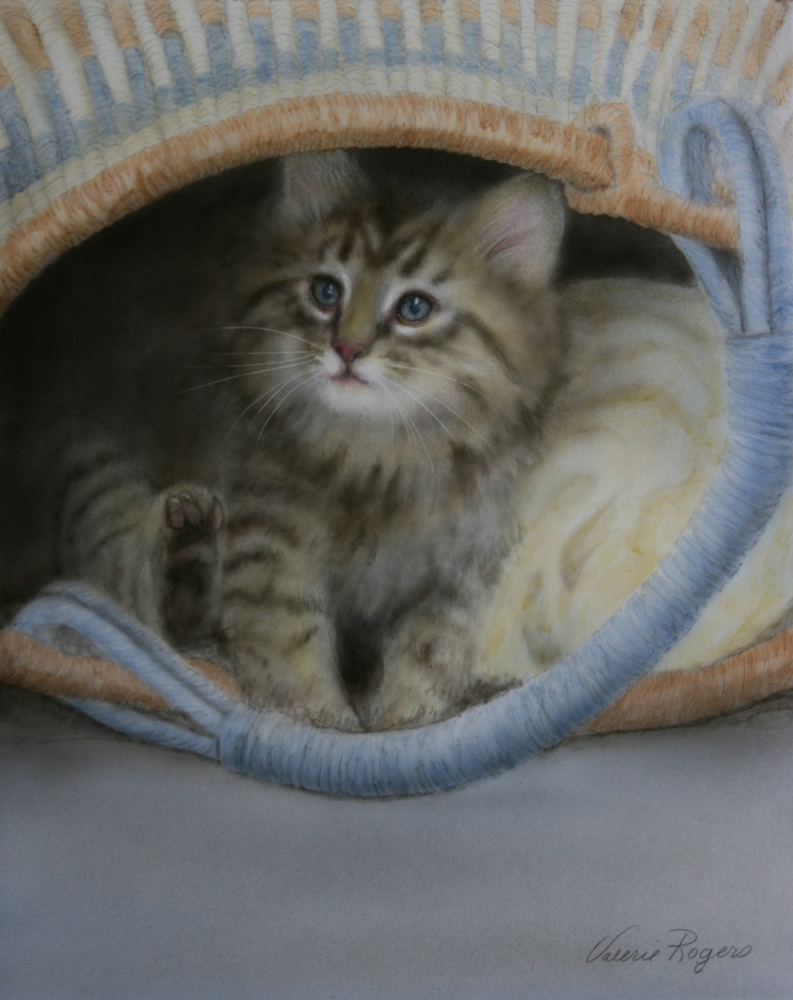 acrylic painting of kitten in basket