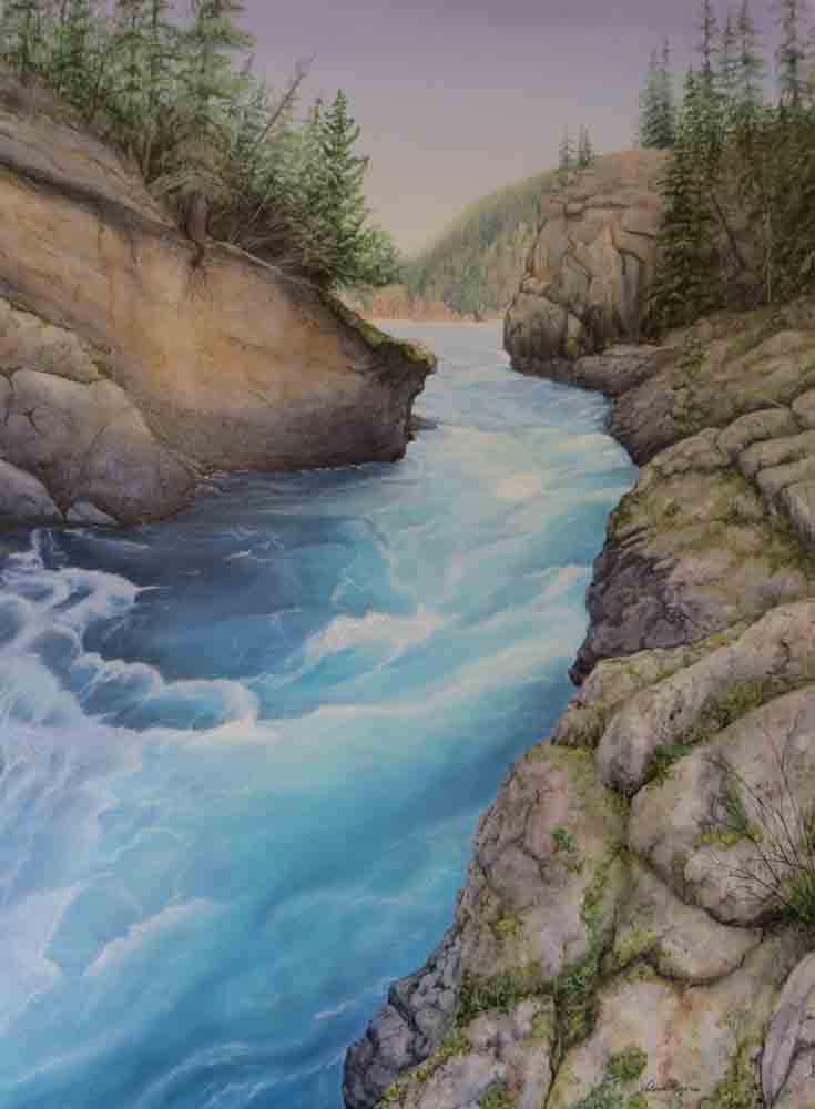 painting of spring water rushing through rocky gorge.
