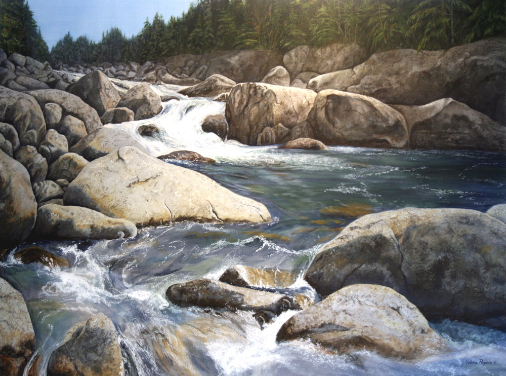 Water running fast over boulders in painting