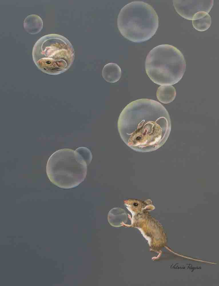 Mice inside bubbles floating away, painting V. Rogers