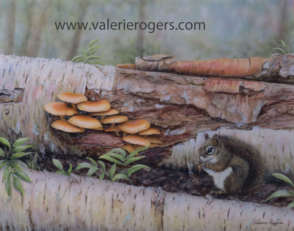 Painting of a squirrel by mushrooms on a log by Valerie Rogers