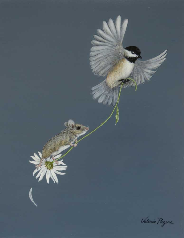 Valerie Rogers painting of mouse and Chickadee
