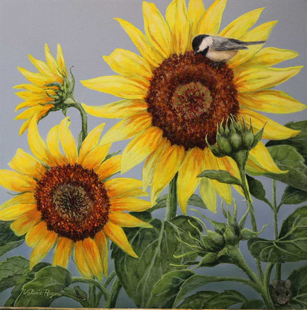 Sunshine, Sunflowers and chickadees by Valerie Rogers