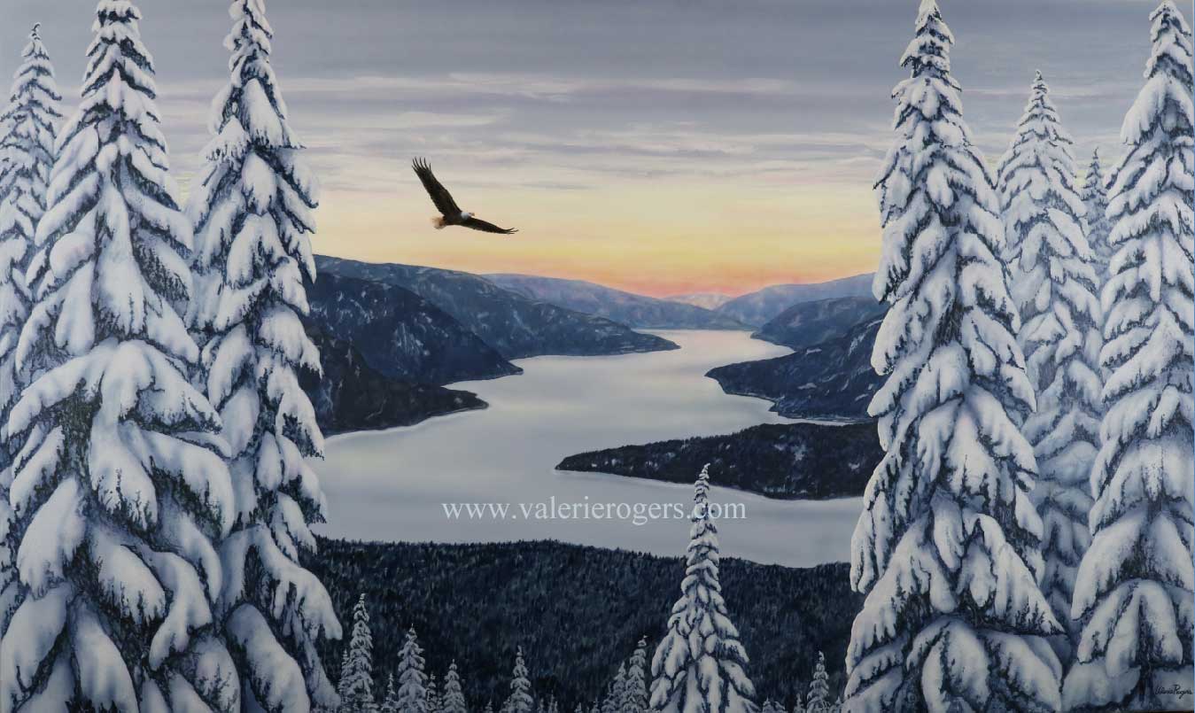 Winter Wings - Painting of a bald eagle flying over snow covered land by artist Valerie Rogers